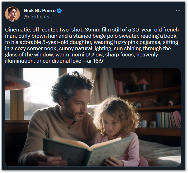 Cinematic, off-center, two-shot, 35mm film still of a 30-year-old french man, curly brown hair and a stained beige polo sweater, reading a book to his adorable 5-year-old daughter, wearing fuzzy pink pajamas, sitting in a cozy corner nook, sunny natural lighting, sun shining through the glass of the window, warm morning glow, sharp focus, heavenly illumination, unconditional love --ar 16:9