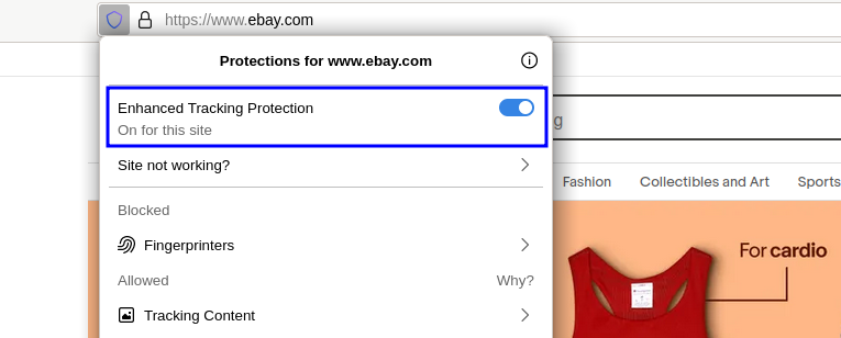 Screenshot: Enhanced Tracking Protection for ebay.com on Firefox